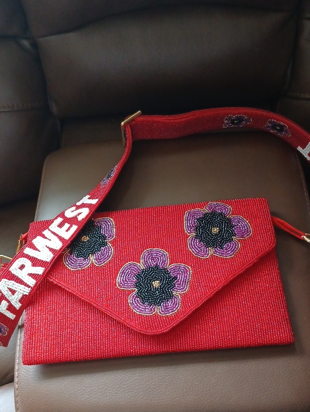 Farwest Red Beaded Floral Envelope Crossbody Bag
